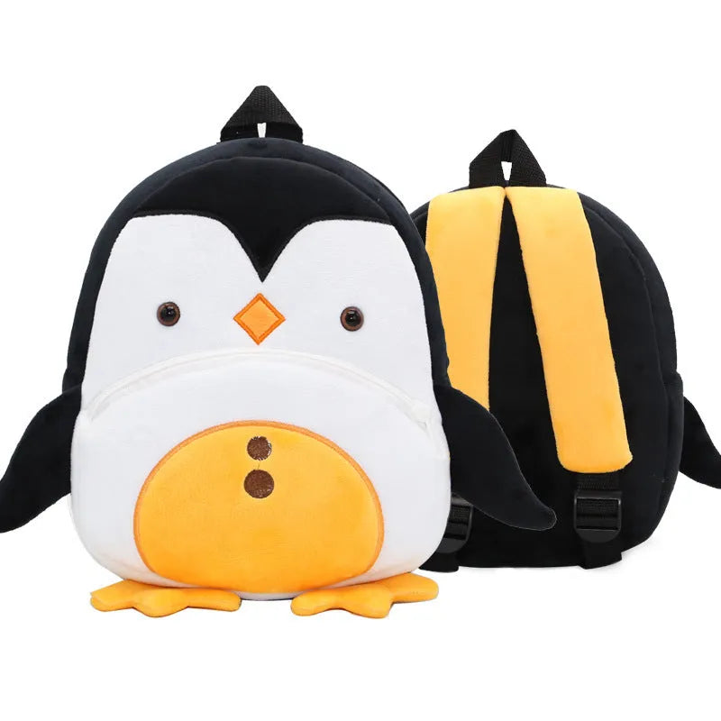 Children's plush animal backpack with elephant design showing dimensions and zipper opening