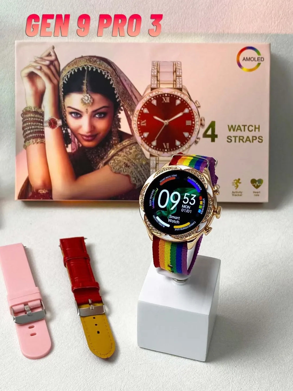 Heart rate blood pressure smartwatch set with four interchangeable straps in ivory white