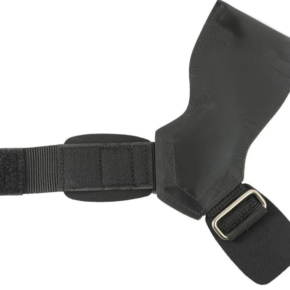 A pair of black rubber palm protection assist belts for rock climbing and weightlifting.