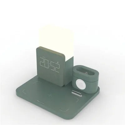 Dark green Qi wireless charger stand with foldable phone holder and cooling ventilation