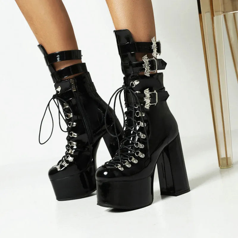 Black platform thigh-high boots with block heel and front lacing, square toe, sizes 35-46.