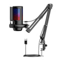 USB condenser microphone with colourful LED light ring, shown with a cantilever mounting arm on a desk.