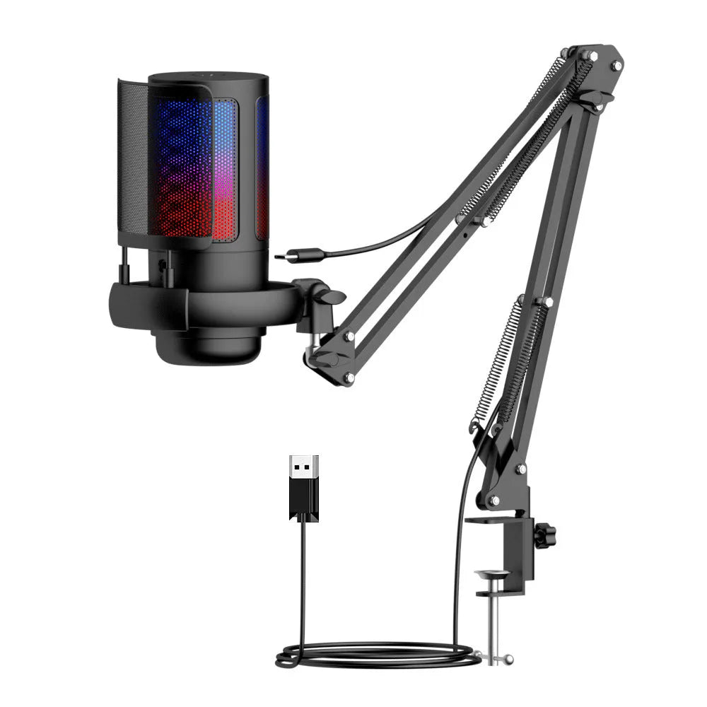 USB condenser microphone with colourful LED light ring, shown with a cantilever mounting arm on a desk.