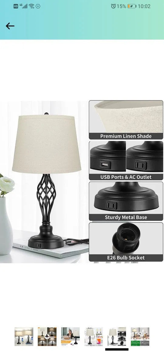 European style alloy bedside table lamp with touch dimmer and USB charging port.