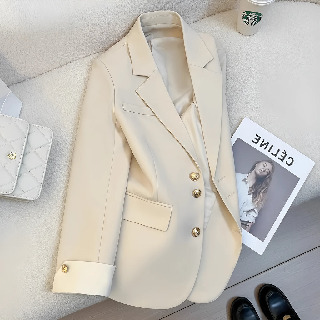 Women's Korean-style commute coat in milky white with 65cm length and pocket detailing