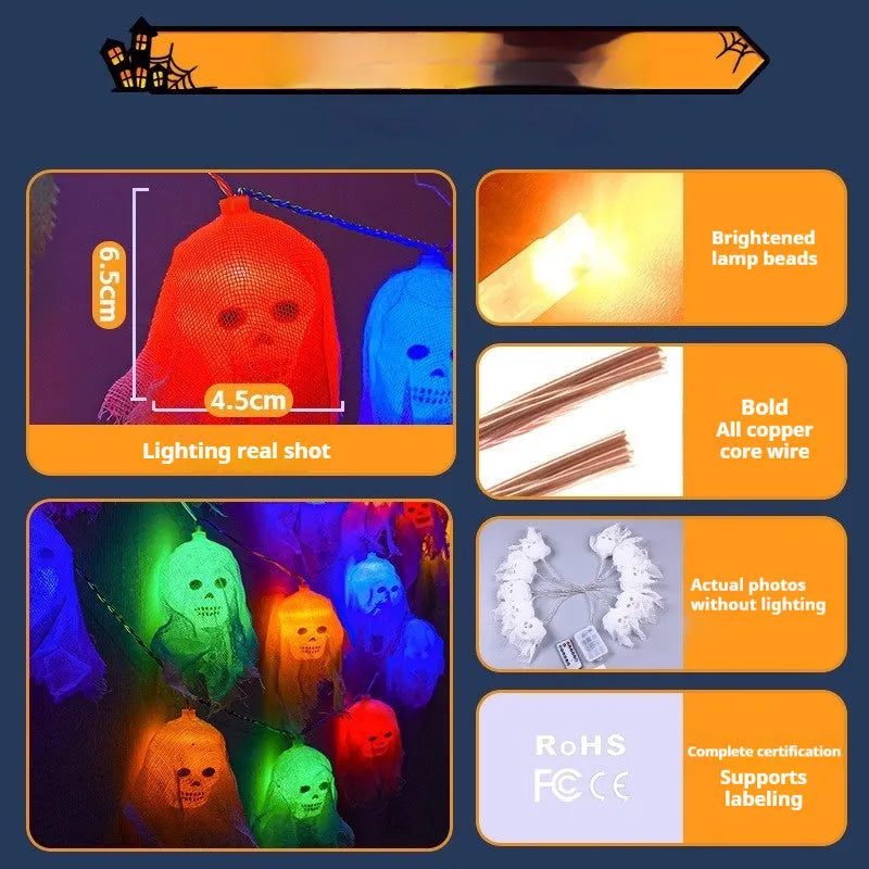 Battery-powered multicolour LED string lights arranged on an indoor wall for Halloween decoration.