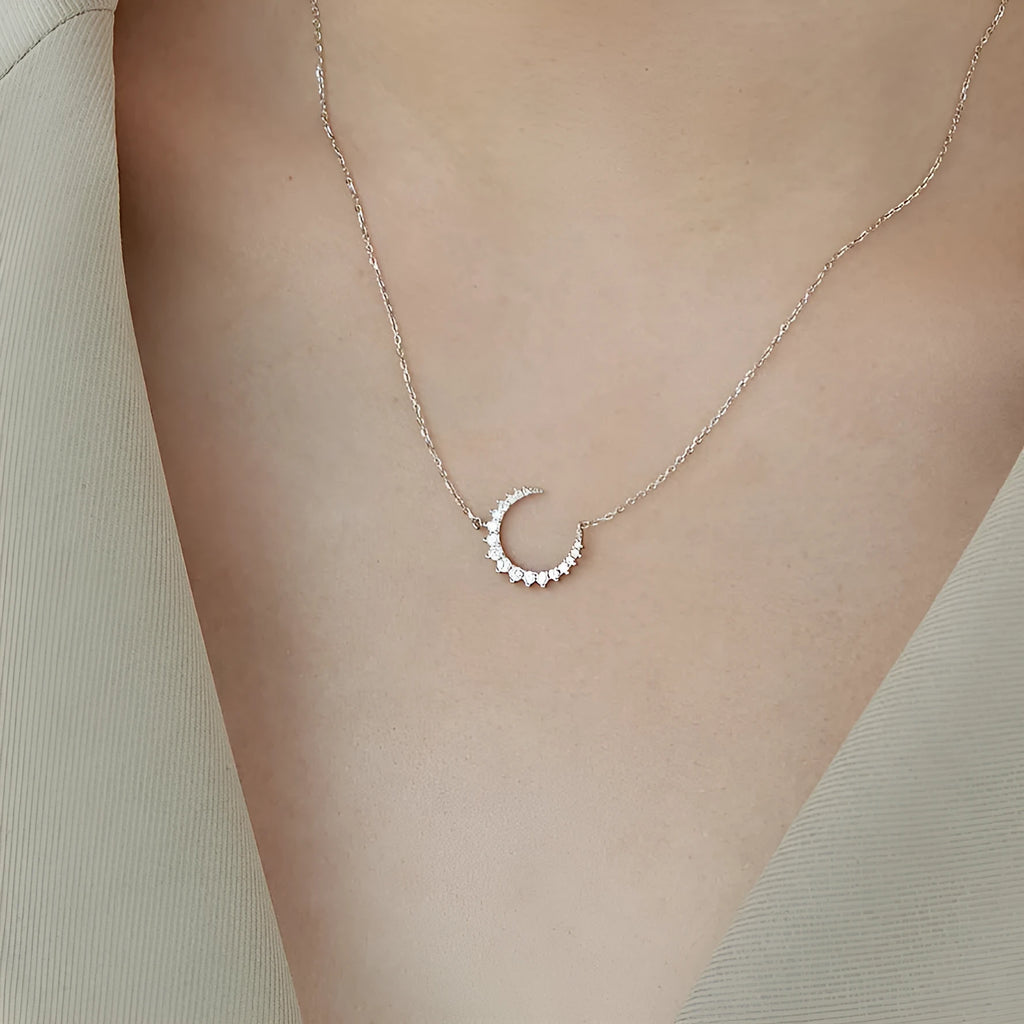 S925 sterling silver crescent necklace with mixed gem inlaid zircon pendant and cross chain, 41-50cm