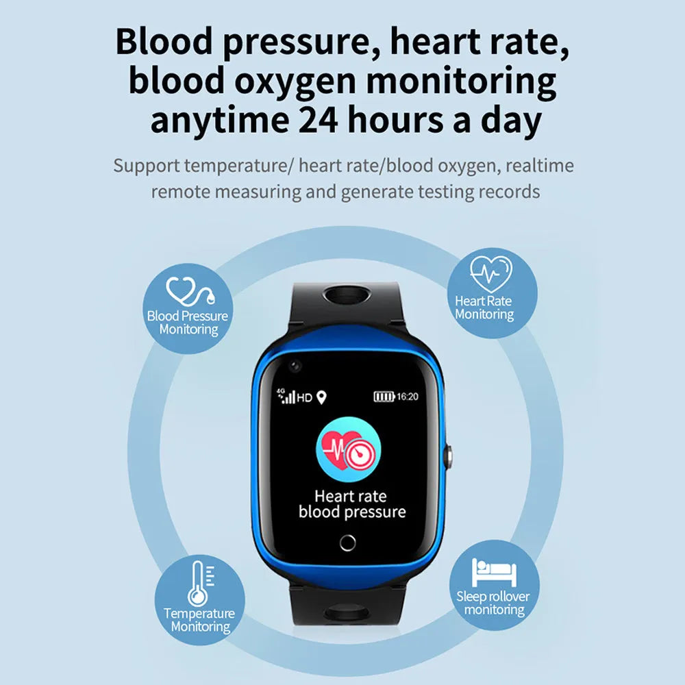 Square black elderly smartwatch with silicone strap showing time on 1.3-inch screen