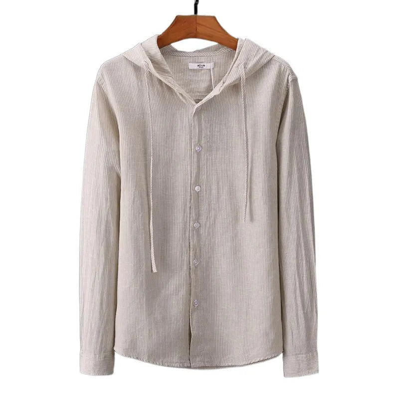 Men's hooded striped long sleeve shirt with wool lining, plus size, in white black gray sky blue apricot