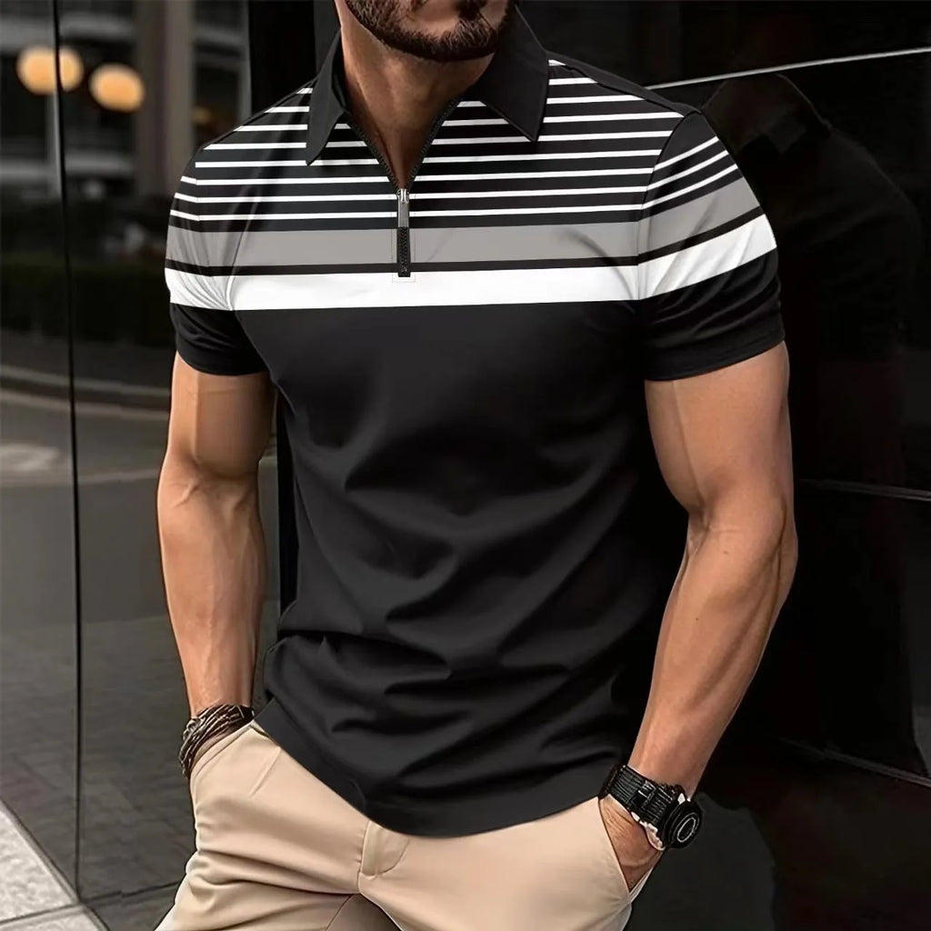 Men's black striped short sleeve t-shirt, loose fit, polyester, business casual top, sizes S-XXXL