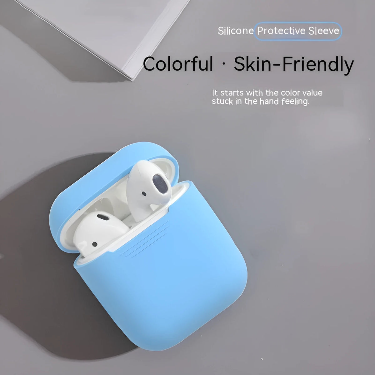 Silicone earphone case for AirPods 1st and 2nd generation in black, dark blue, matcha green and transparent colours.