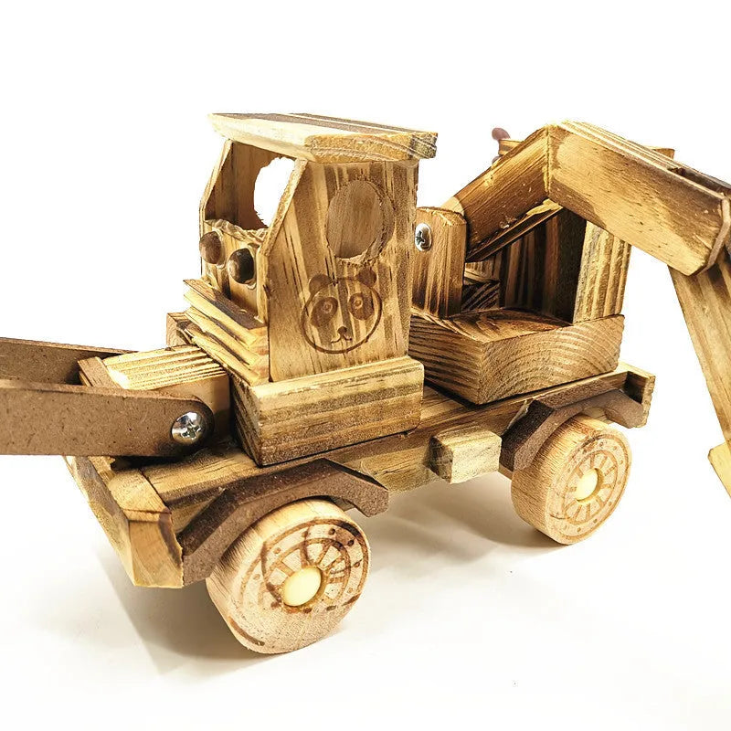 Wooden excavator model toy 30cm long brown rotating construction vehicle for children