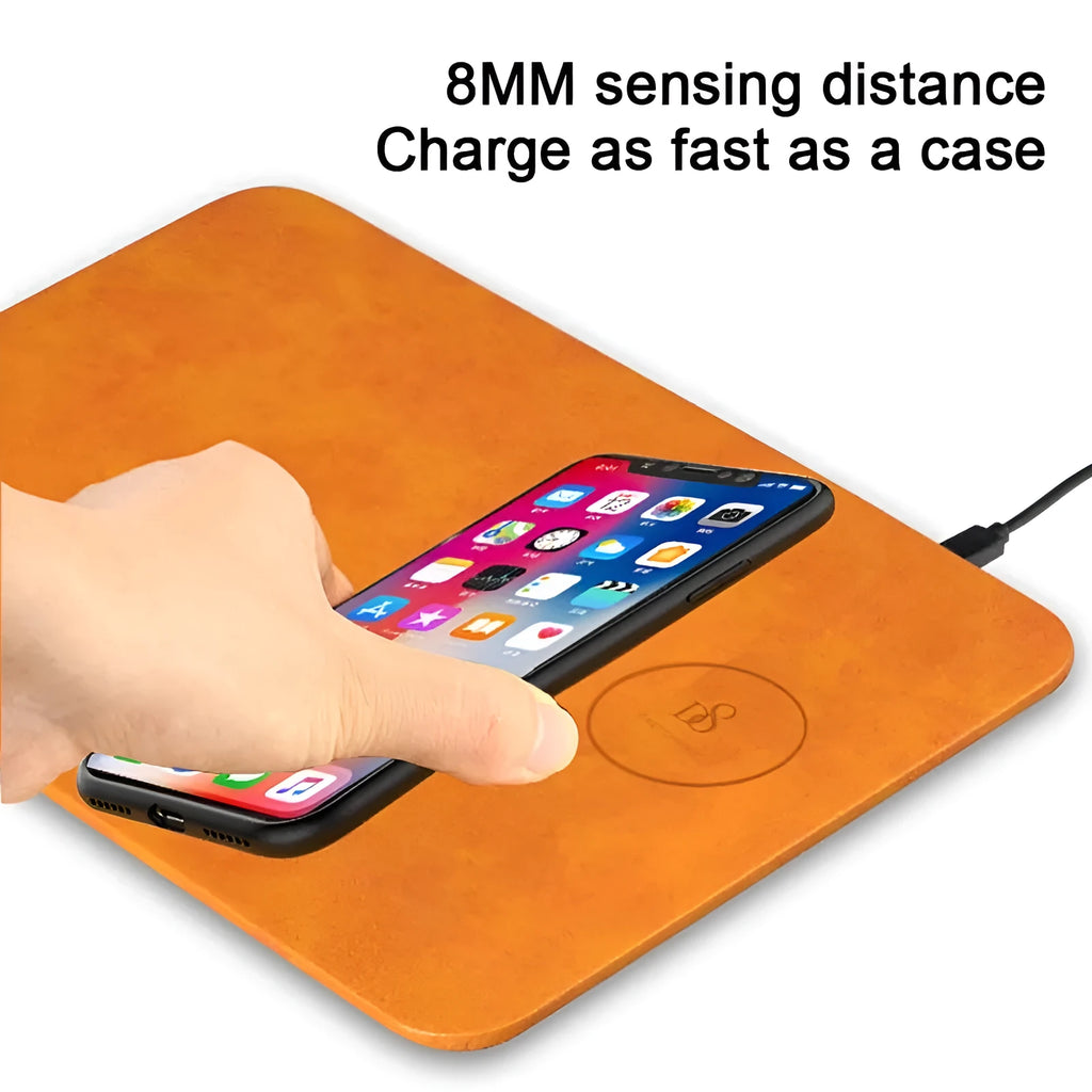 Brown leather wireless charging mouse pad with Micro USB port for desk charging
