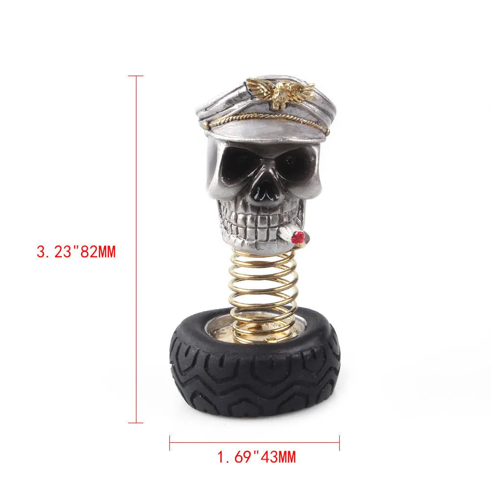 Resin car skull bobblehead ornament with military cap or sunflower headband, swinging car interior decoration