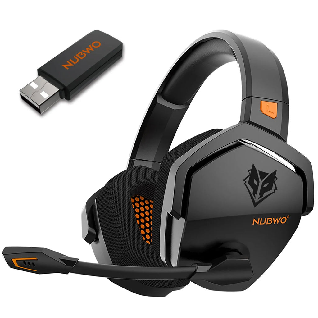 Black and orange wireless gaming headset with over-ear cups and a built-in microphone on a grey background.