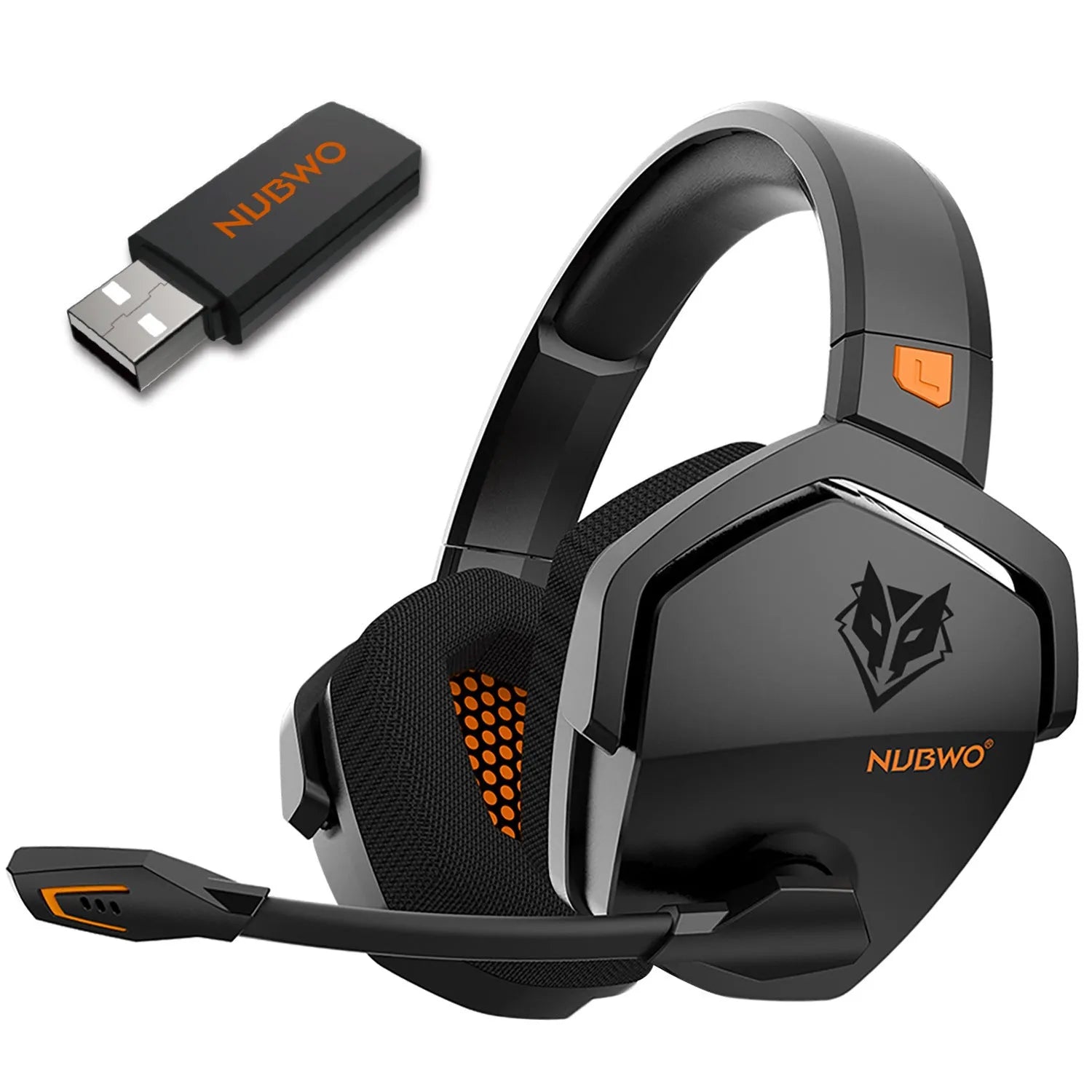 Black and orange wireless gaming headset with over-ear cups and a built-in microphone on a grey background.
