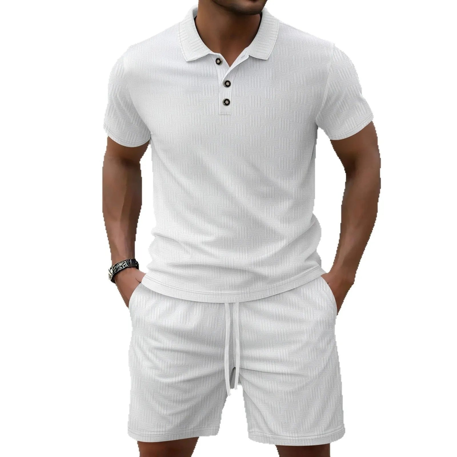Men's solid colour jacquard casual short sleeve suit with matching shorts in polyester fabric