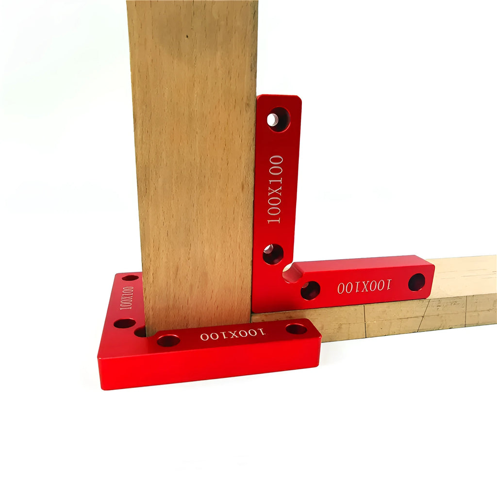 Aluminium right angle positioning block for woodworking jigsaw fixtures with scale markings