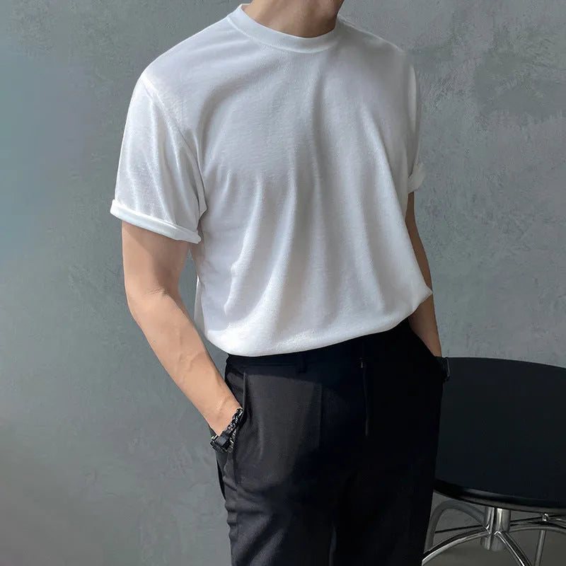 Men's slim fit cotton T-shirt with round neck and short sleeves in white solid colour