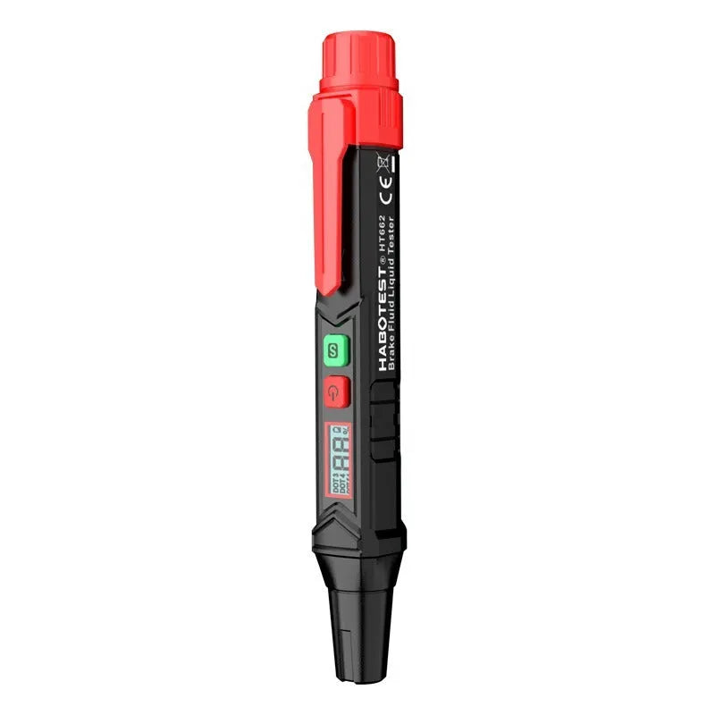 Digital brake fluid tester pen with LCD screen, batteries, and manual in box.
