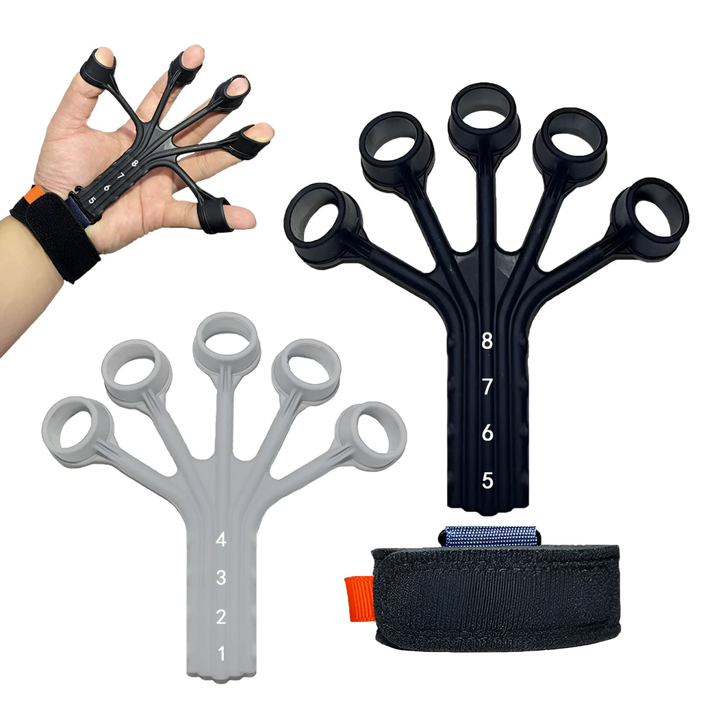 Silicone finger flexion and extension trainer with adjustable belts in black and grey colours