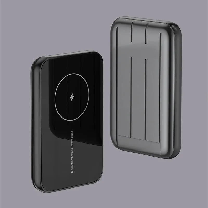 Blue magnetic wireless power bank showing 15W charging and 5000mAh capacity with dimensions 98x64x16mm