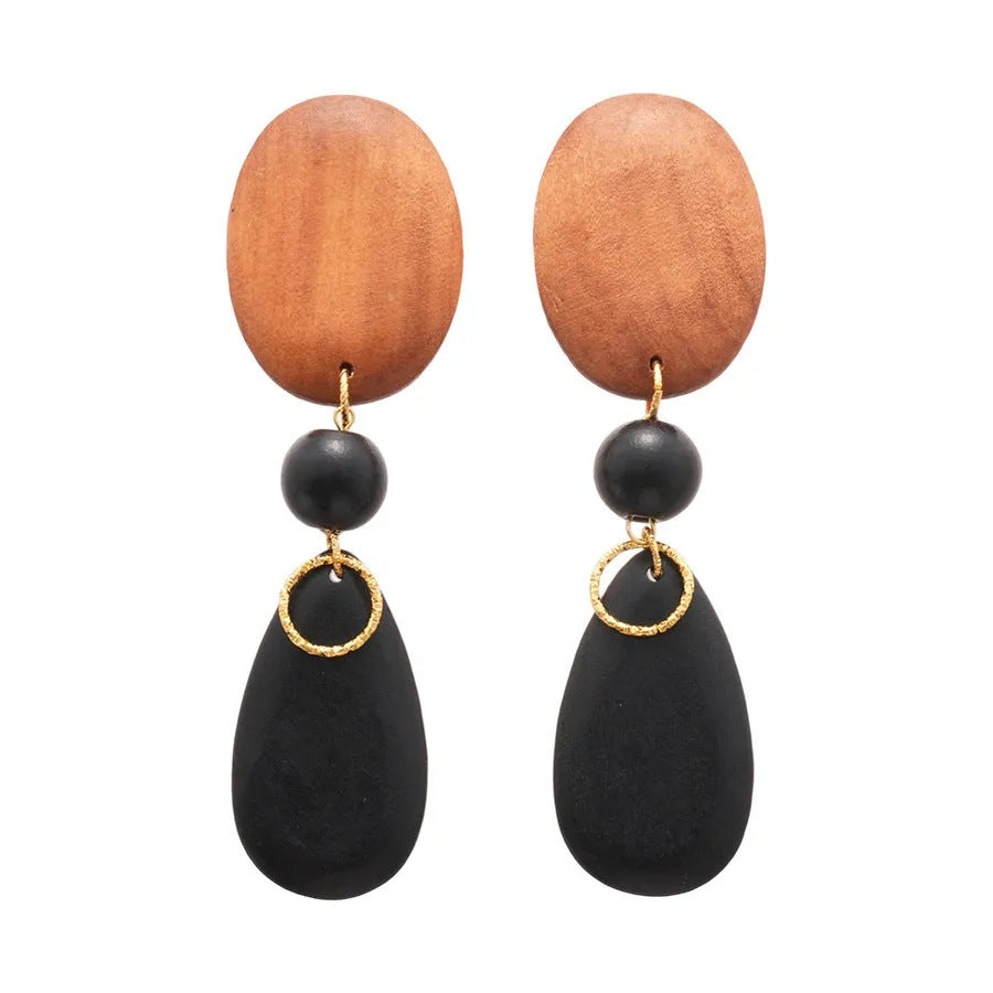 Handmade wooden ellipse earrings in silver needle-brown-black colour with European-American styling