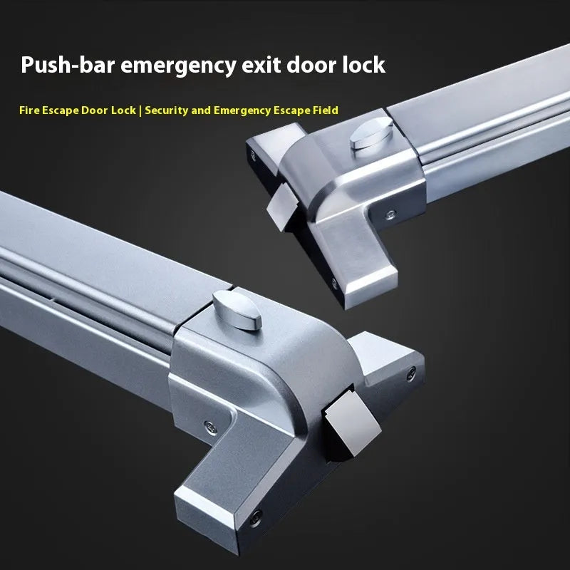 Stainless steel fireproof door push lock with an external handle on a door.