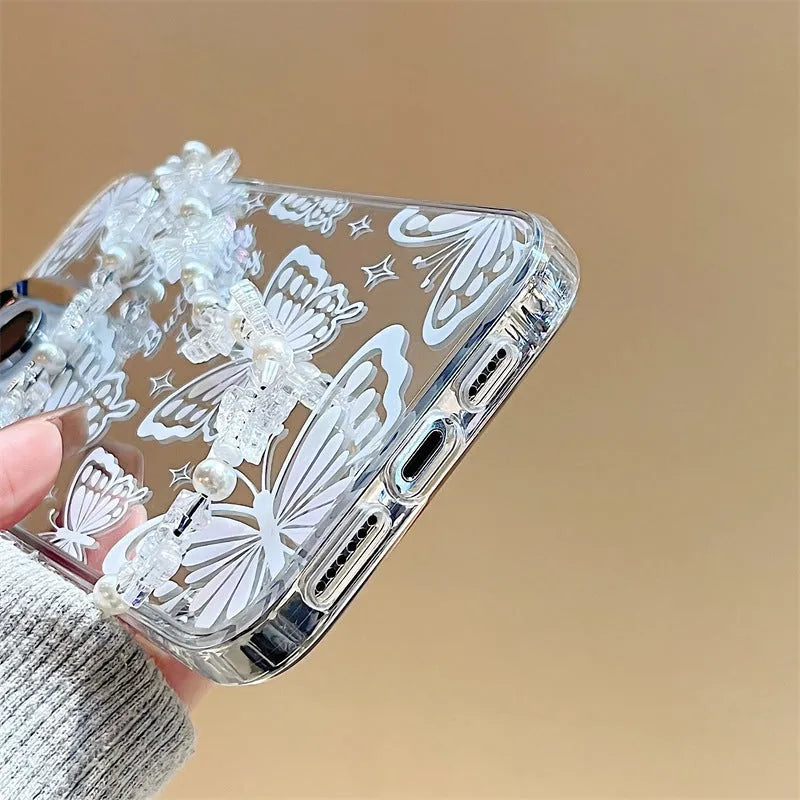 Transparent three-in-one mirror iPhone case with bow bracelet attachment for iPhone 15 Pro Max