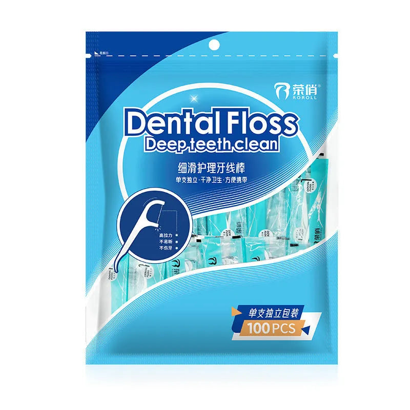 Dental floss in independent packaging inside portable 180x238mm plastic bag