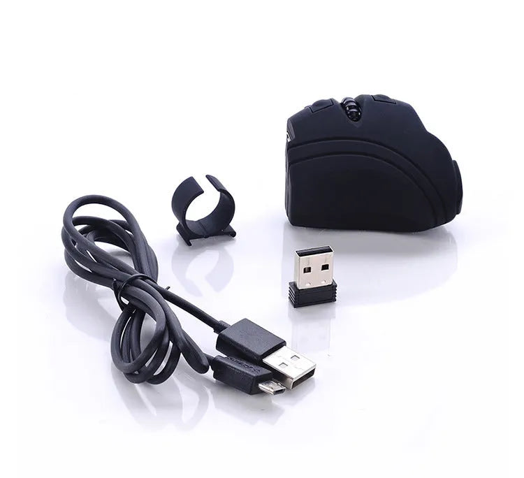 Black and silver grey finger ring mouse, 2.4GHz wireless, 1000dpi optical, 60mm by 40mm, rechargeable, three keys
