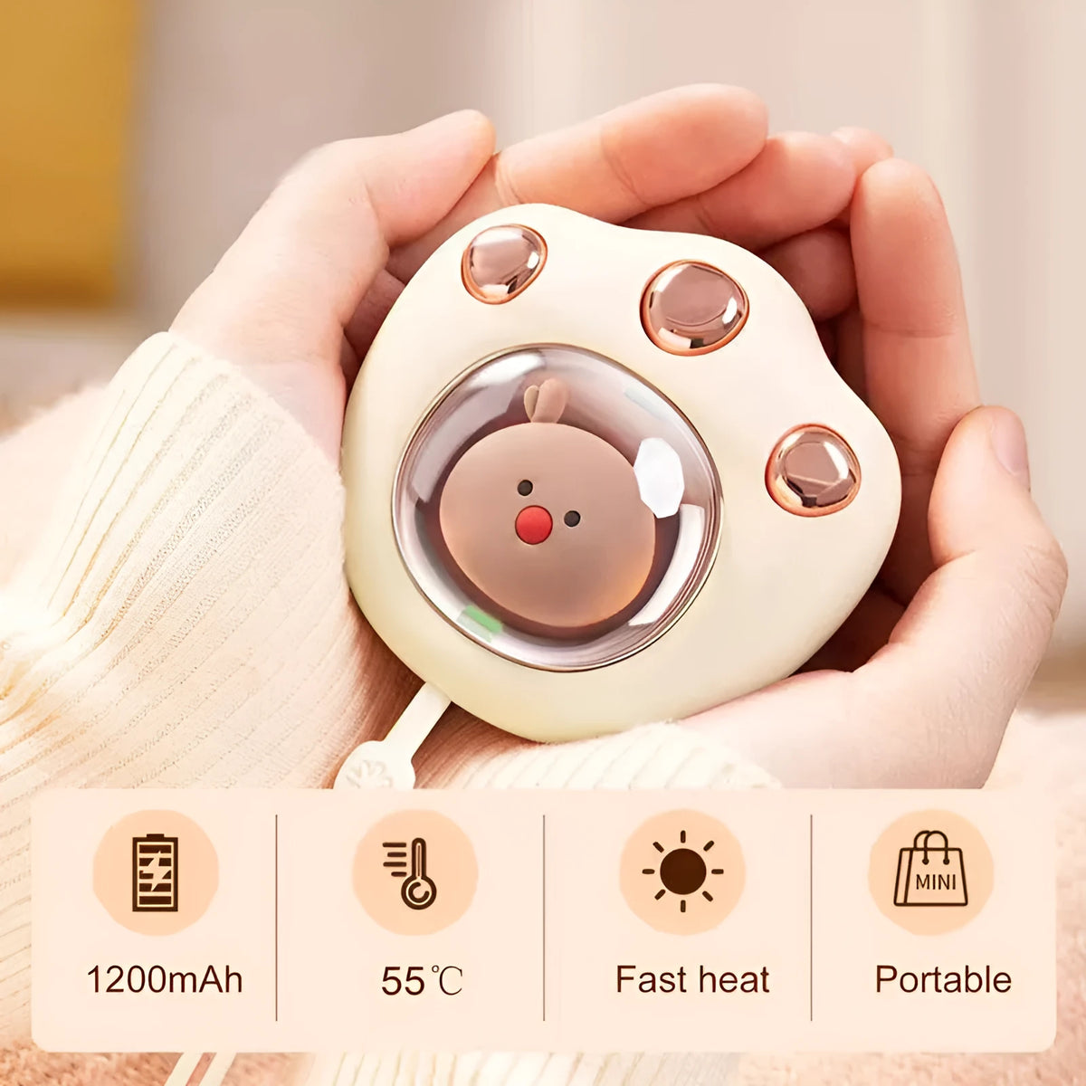 Mini electric hand warmer in cat paw shape, USB rechargeable, in white colour option, palm-sized