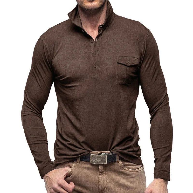 Men's solid colour long sleeve lapel shirt with asymmetric detail, cotton blend, regular fit, available in seven colours