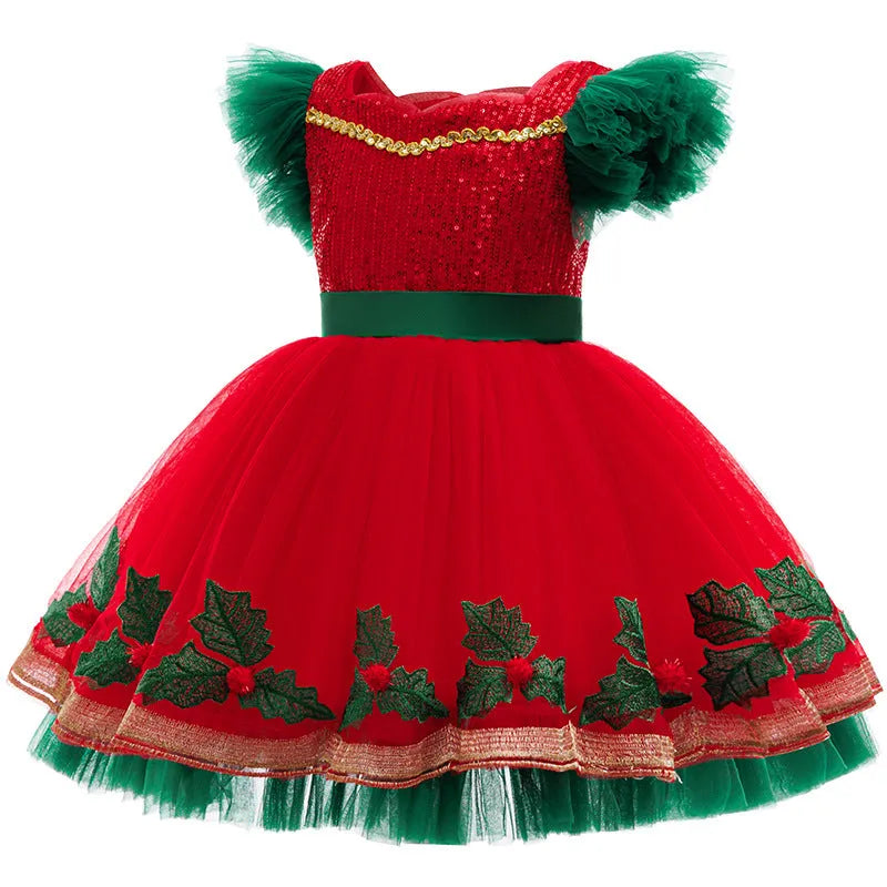 Children's colour-block princess dress with lace in D1557 red, suitable for heights up to 150cm