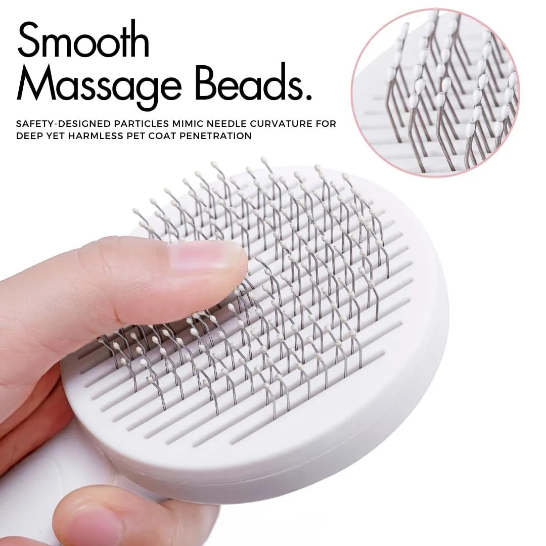 Blue self-cleaning slicker brush for pet grooming with ergonomic rubber handle