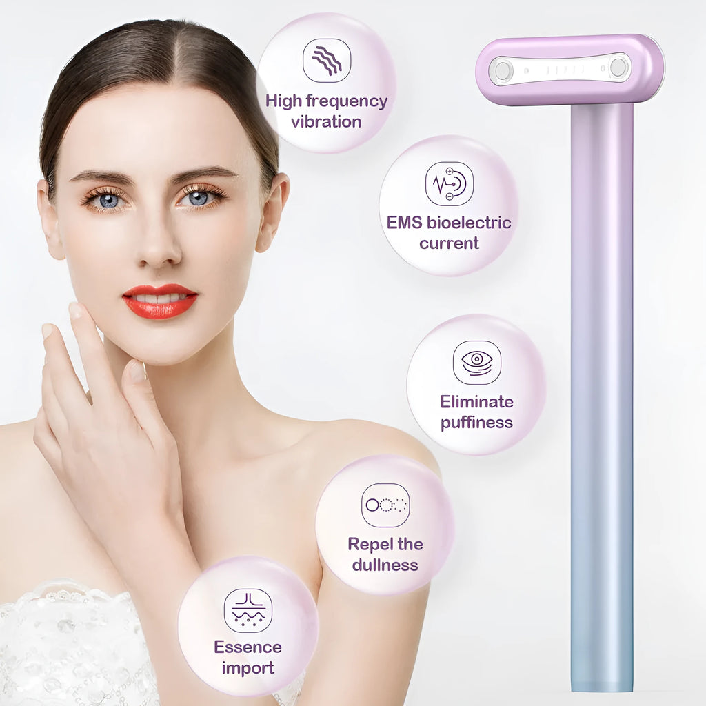 EMS micro-current face and neck massager with rotatable head, LED phototherapy, rechargeable portable design on white background