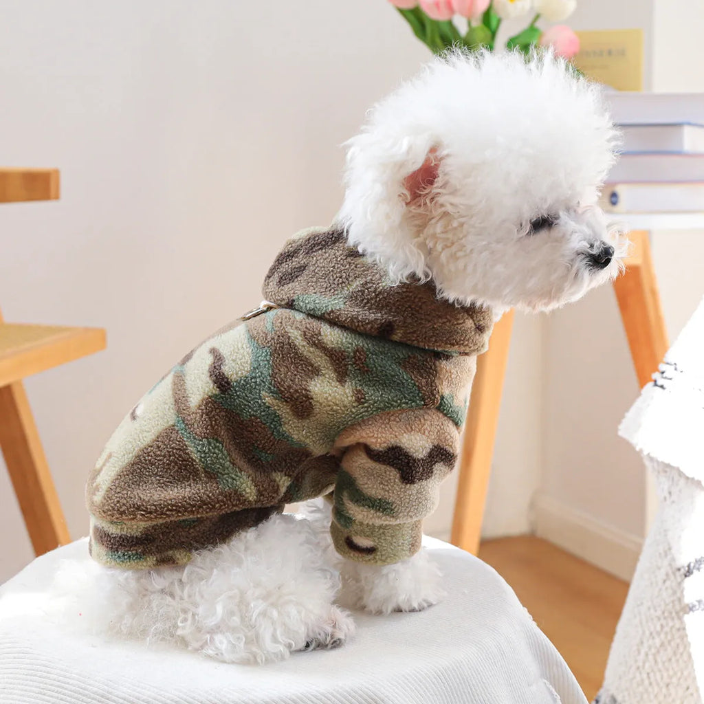 Camouflage polyester dog sweater on display, available in sizes XS to XL for dogs up to 9kg