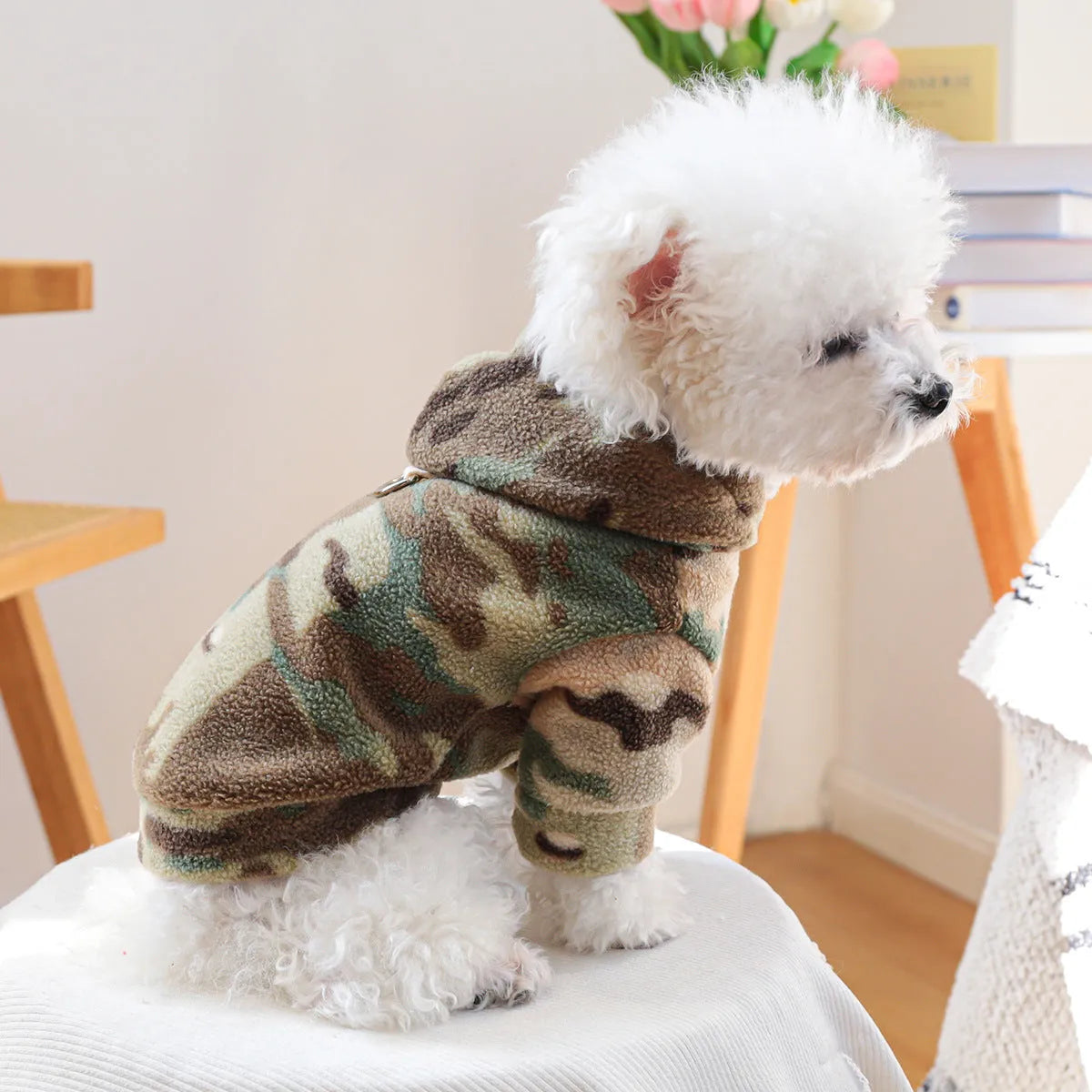 Camouflage polyester dog sweater on display, available in sizes XS to XL for dogs up to 9kg
