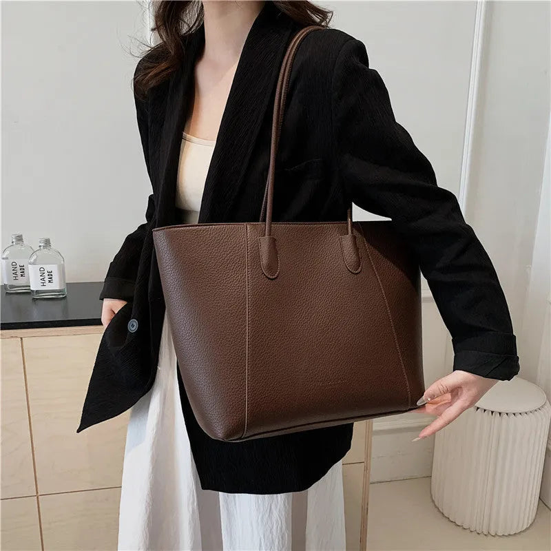 Solid colour soft PU bucket shoulder tote bag with zipper change pocket in black