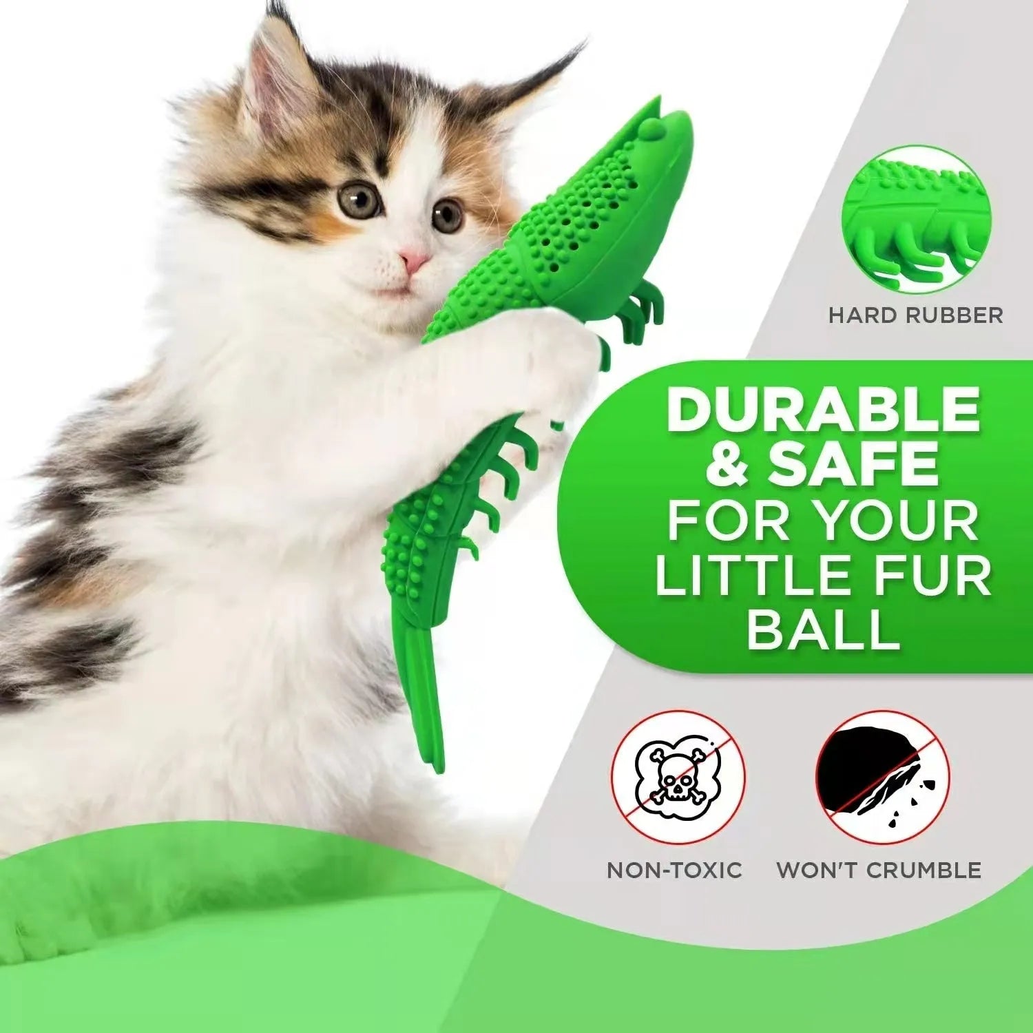 Blue hard rubber cat toy with textured surface for dental cleaning, featuring catnip and a bell inside.