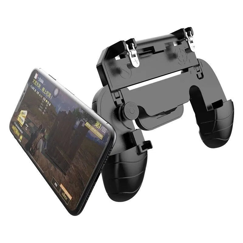 Mobile game handle with telescopic bracket attached to smartphone showing USB-C and audio ports