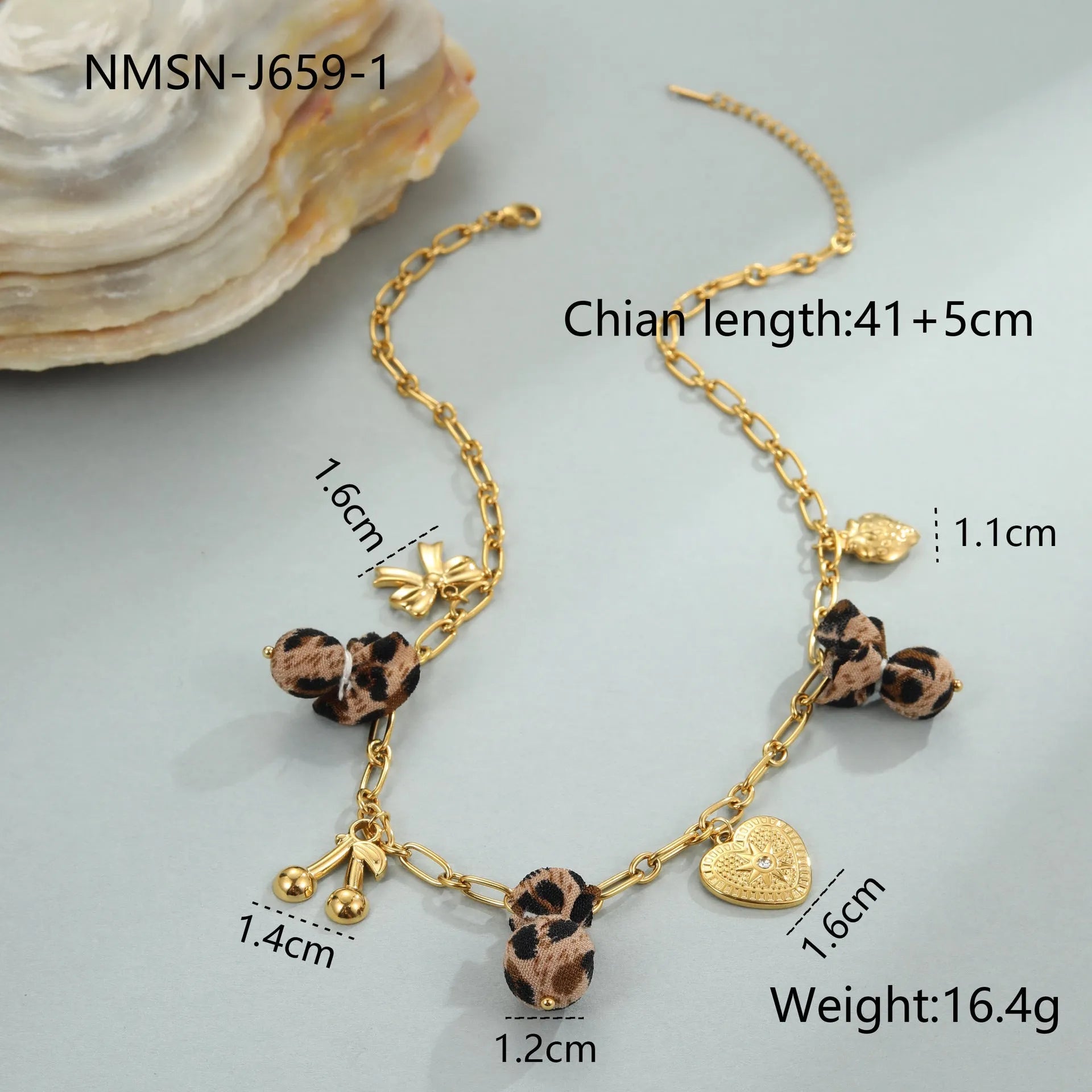 Geometric leopard pendant necklace with love heart and flower engravings on gold-plated chain