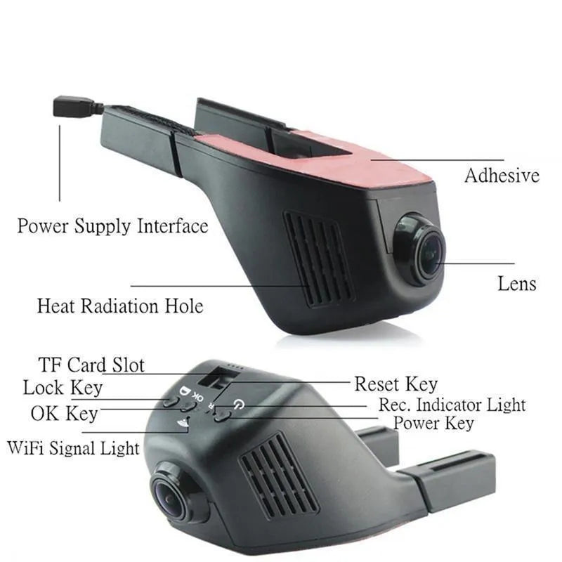 Black HD 1080P WiFi DVR dash cam with 140-degree lens, night vision, and no screen