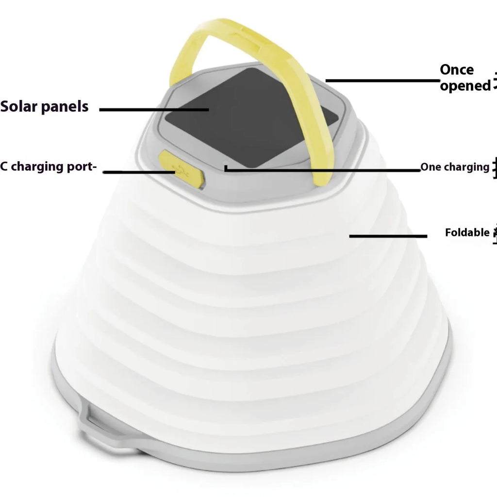 White plastic camping lamp with a large body and a single control button on the front.