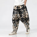 Men's hip hop cross pants with dragon print pattern and elastic waist in loose harem style.