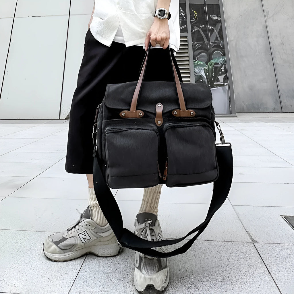 Large capacity canvas men's crossbody bag with multi-compartments, polyester lining, stitching and rivets, black green or khaki