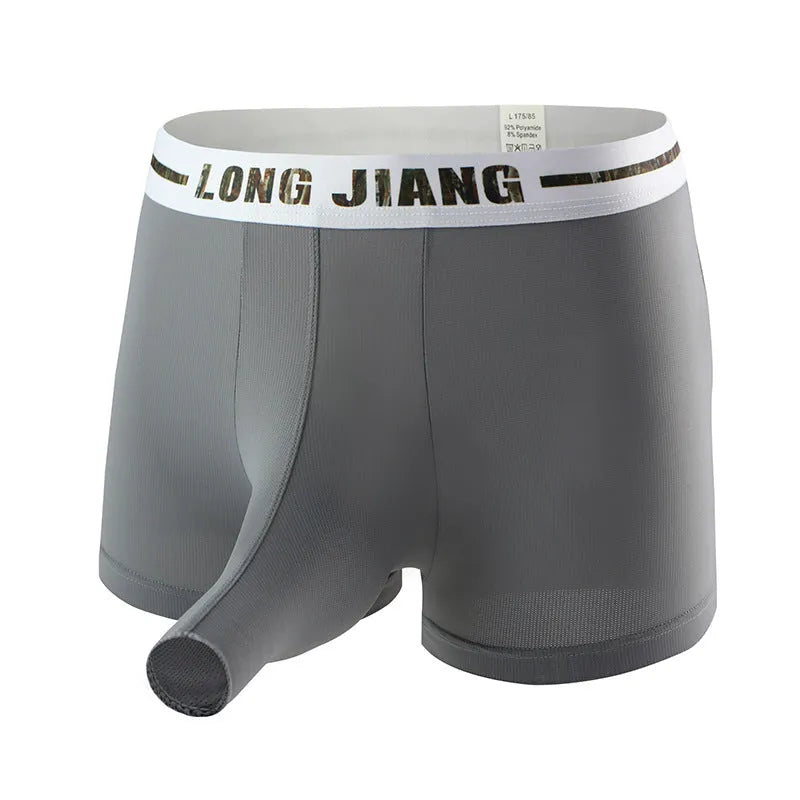 Men's solid colour Ice Silk trunk open boxer shorts laid flat, showing mid-waist design.