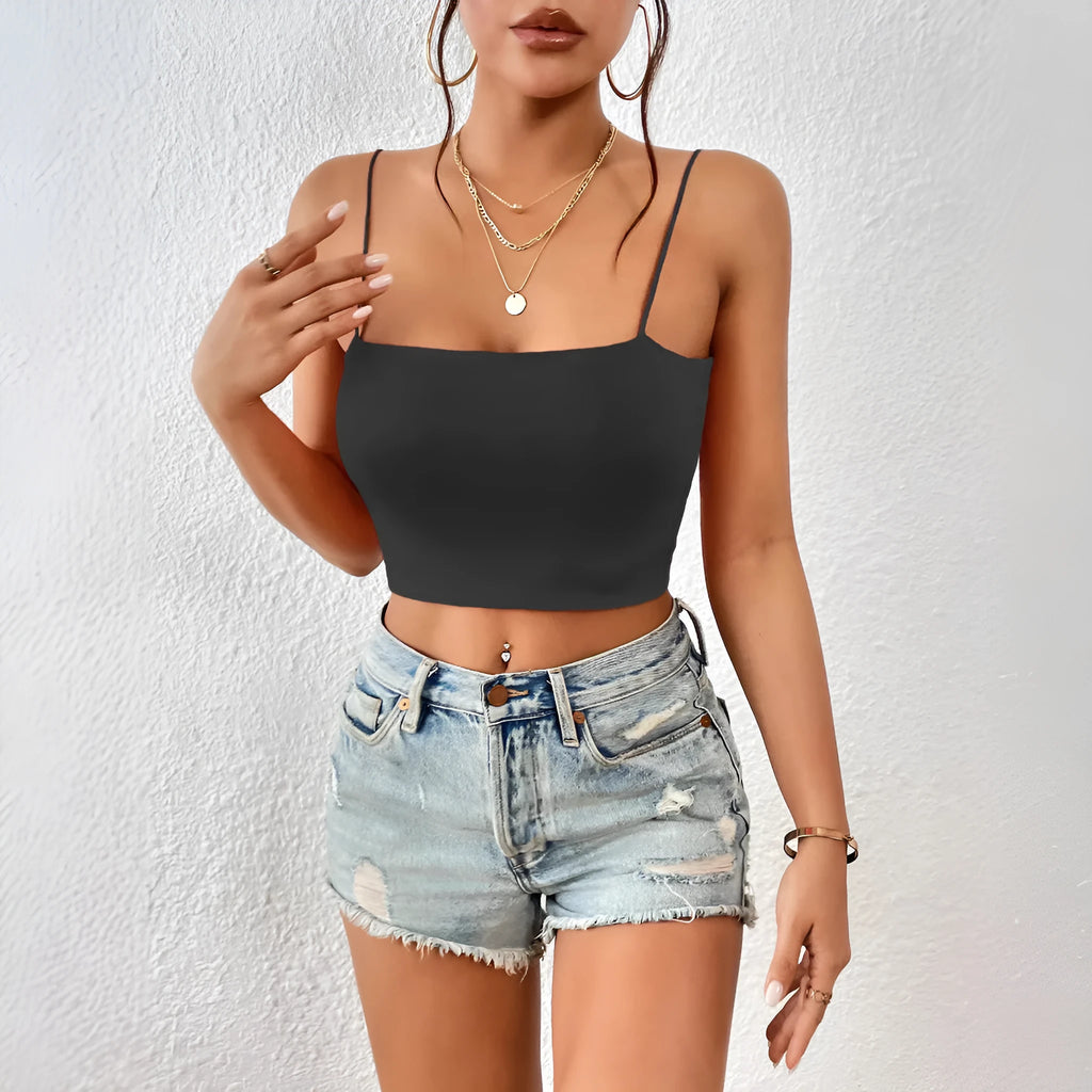 Women's polyester crop top camisole in white solid colour slim fit street style