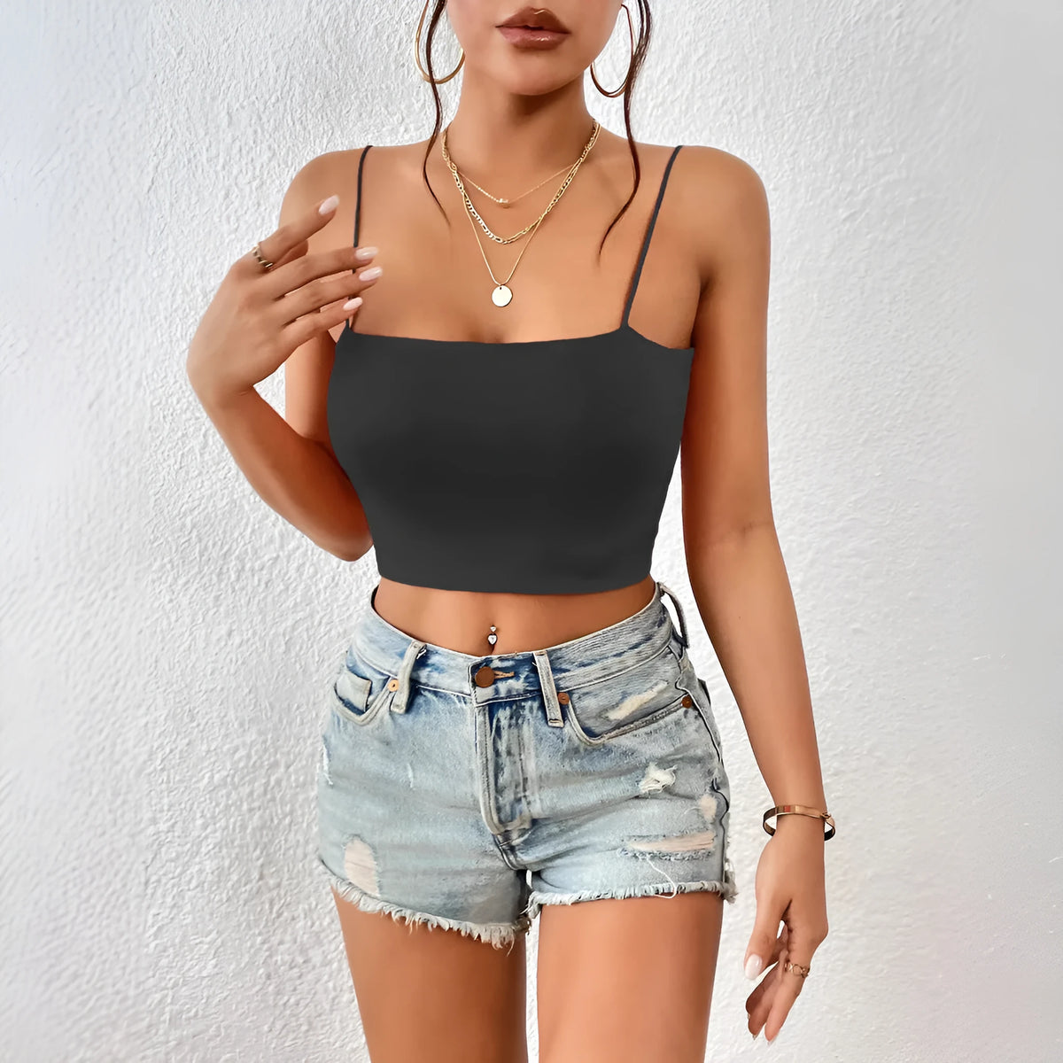 Women's polyester crop top camisole in white solid colour slim fit street style