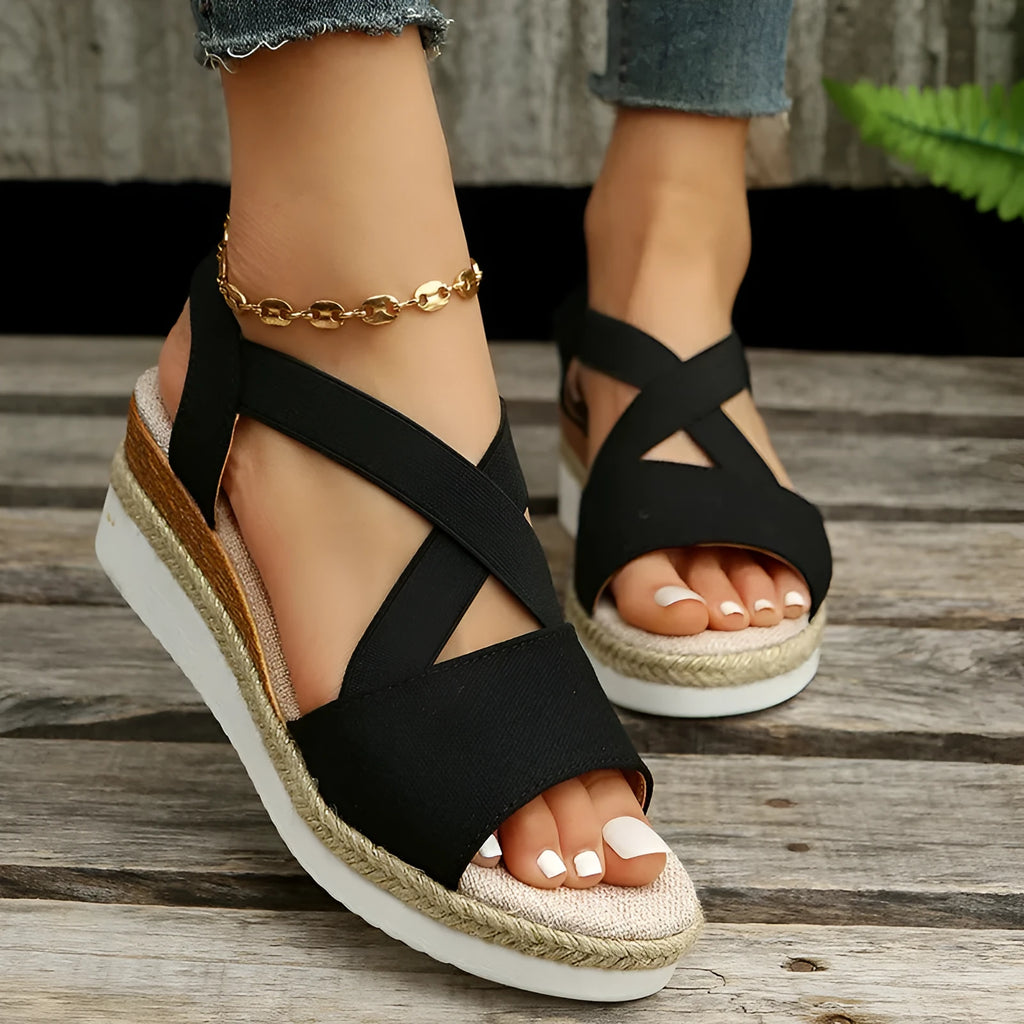 Women's cross-strap wedge platform sandals with hemp heel in beige with cloth upper and rubber sole